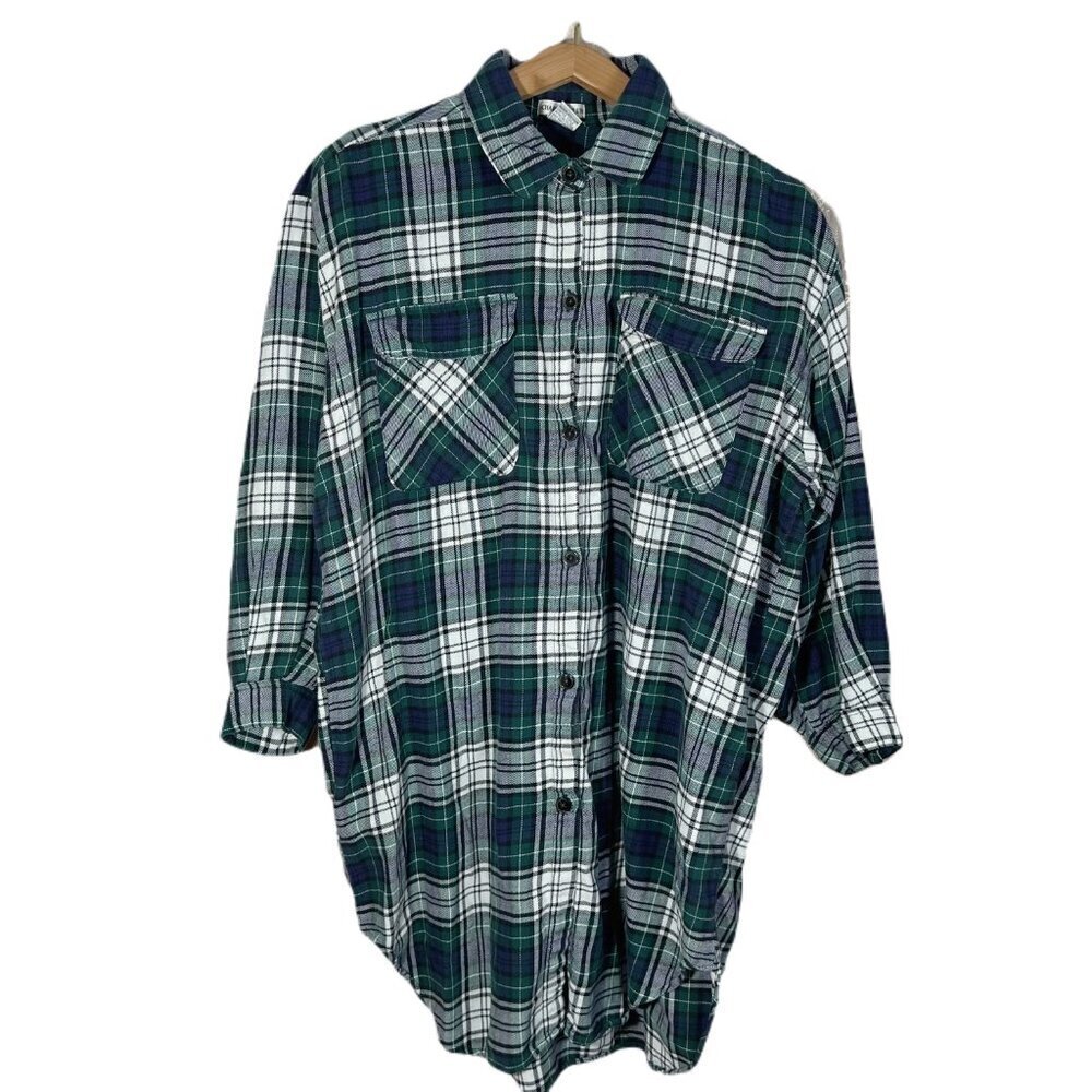 Vintage Charter Club Green Blue White Plaid Flannel Size L
